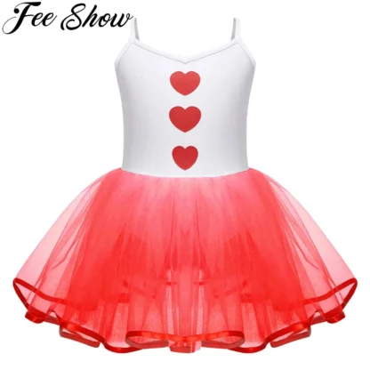 Tutú de baile de Ballet para niñas, disfraz de Cupido de Halloween, tirantes finos, estampado de corazón, vestido de leotardo de malla, patinaje, gimnasia, Ropa de baile