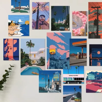 15 tarjetas de paisaje cómico, postales, fotos de dormitorio, fondo, decoraciones de pared DIY y pegatinas de pared