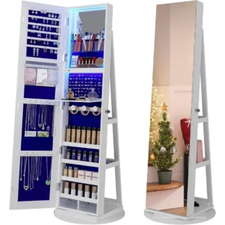 360 °   Organizador de joyas giratorio con espejo LED de longitud completa y almacenamiento - Gabinete giratorio con cerradura de 61", forro de terciopelo para dormitorio o