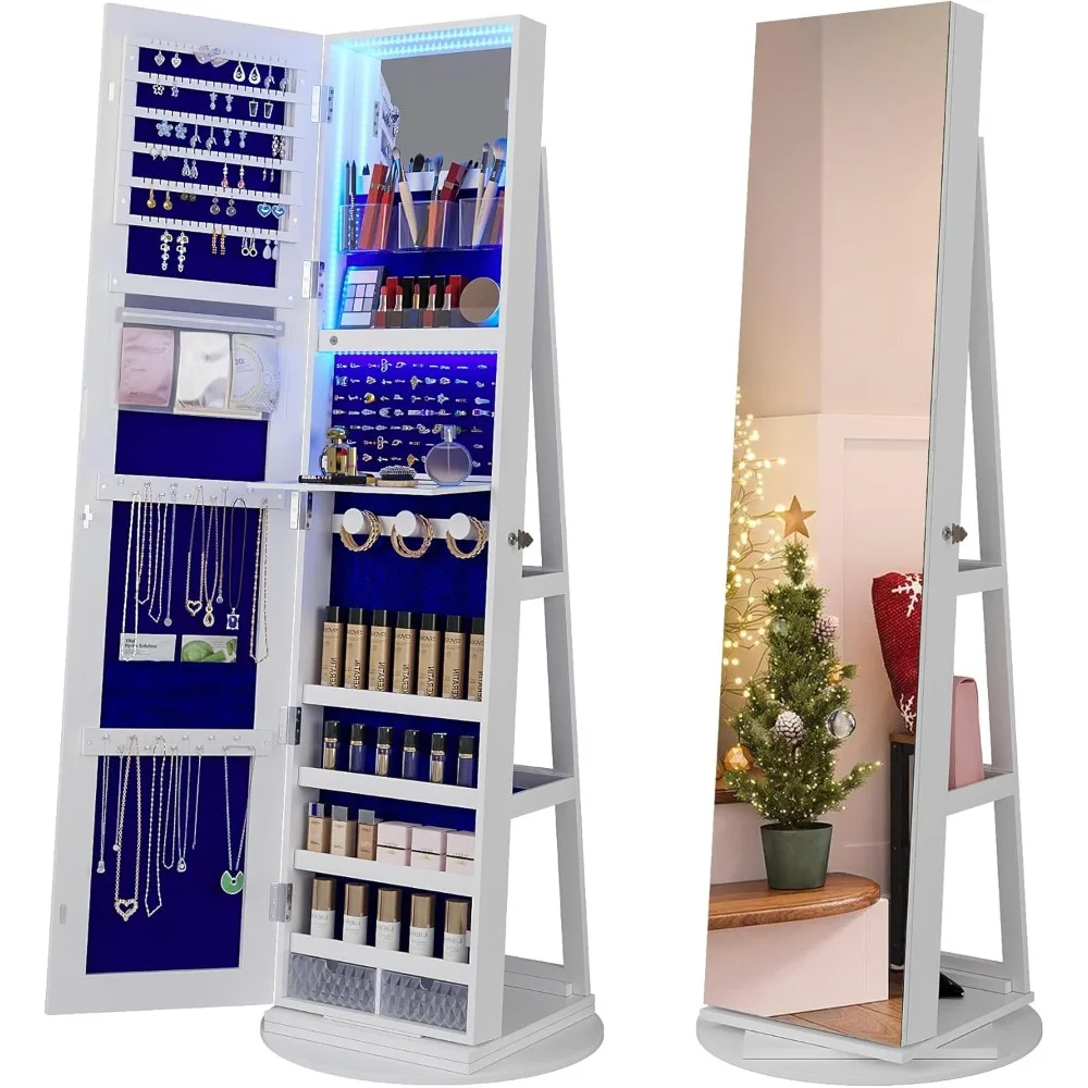 360 °   Organizador de joyas giratorio con espejo LED de longitud completa y almacenamiento - Gabinete giratorio con cerradura de 61", forro de terciopelo para dormitorio o