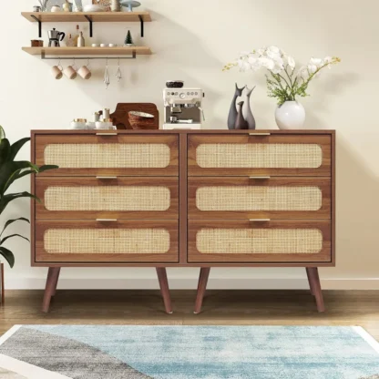 QHITTY Juego de 2 cajones, cómoda de ratán con 3 cajones, gabinete de almacenamiento decorativo, mesita de noche moderna para