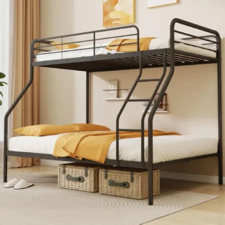 Litera de metal doble sobre tamaño completo, litera resistente para adolescentes y adultos con escalera y barandillas, litera de metal que ahorra espacio