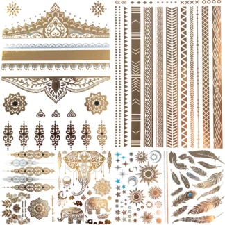 Pegatina de tatuaje metálica dorada para hombre y mujer, estilo veraniego, cadena de HYS-101, joyería falsa, tatuaje temporal impermeable, 1 unidad