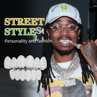 Juego de dientes HipHop Grillz con circonita cúbica ostentosa, parrillas superiores e inferiores pavimentadas, tapas de dientes, joyería de fiesta extraíble chapada en oro para hombres y mujeres