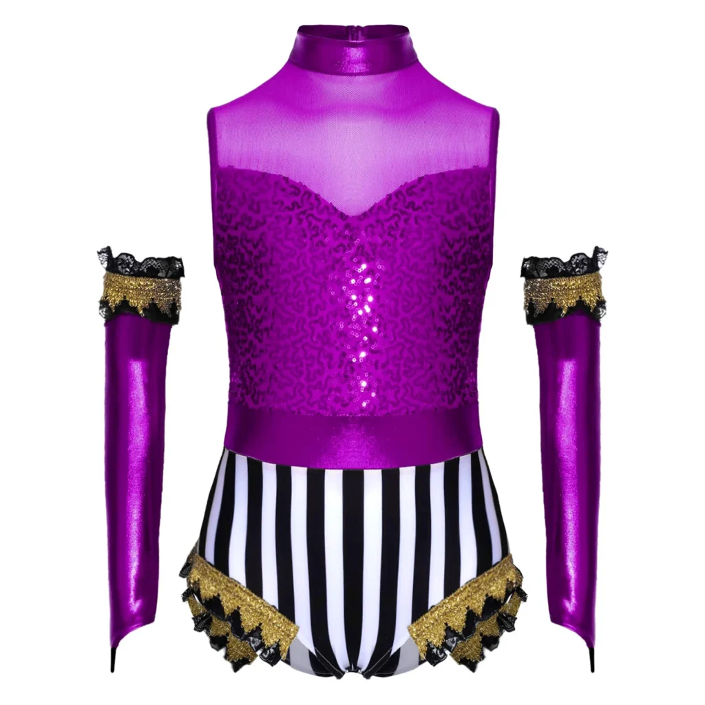Mono de circo para niñas, 2 uds., mono sin mangas de encaje con correas doradas y lentejuelas + disfraces de Cosplay de Halloween con manga metálica brillante