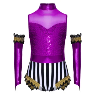 Mono de circo para niñas, 2 uds., mono sin mangas de encaje con correas doradas y lentejuelas + disfraces de Cosplay de Halloween con manga metálica brillante