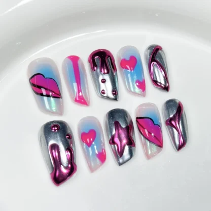 10 Uds. De uñas postizas hechas a mano con forma de lápiz labial, uñas postizas 3D con estrellas francesas Y2k, rubor largo, uñas postizas de Anime, almendra usable