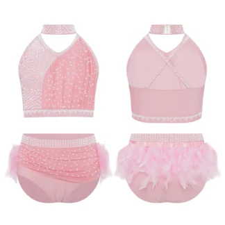 Traje de baile de Jazz latino para niñas, Top corto fruncido con diamantes de imitación brillantes y falda bragas, traje de actuación de baile de Ballet, 2 uds.