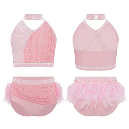 Traje de baile de Jazz latino para niñas, Top corto fruncido con diamantes de imitación brillantes y falda bragas, traje de actuación de baile de Ballet, 2 uds.