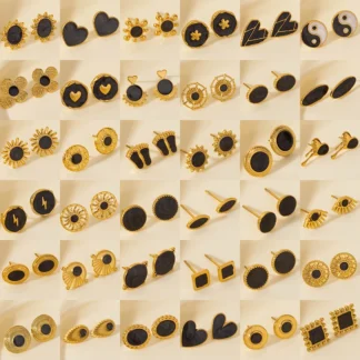 Pendientes de tuerca de acero inoxidable para mujer y niña, aretes Vintage bohemios de lujo con esmalte negro dorado, dijes de joyería, regalos de combinación diaria, no se decolora