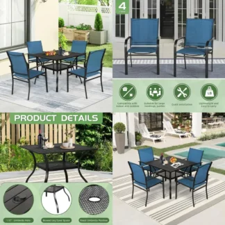 Juego de comedor para patio de 5 piezas, juego de comedor para exterior con 4 sillas de textileno y mesa cuadrada con orificio para sombrilla para patio trasero, jardín, a