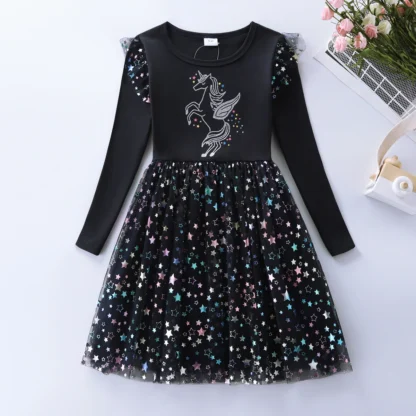 Vestido de algodón de malla con estampado de unicornio navideño para niña LH1709