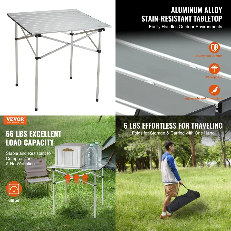 VEVOR Mesa plegable para acampar, mesas auxiliares portátiles para exteriores, mesa plegable ligera, mesa de trabajo ultracompacta de aluminio con transporte