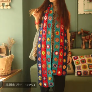 [Tres filas] bufanda chal japonés Mori puro ganchillo a mano pastoral empalme bufanda grande gancho de mano bufanda de flores