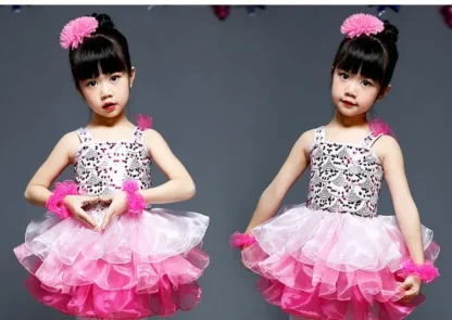 2025Costumes para niños, faldas de baile con lentejuelas para niñas, falda con pompón, vestido de princesa para niños, ropa de actuación de ballet de pasarela