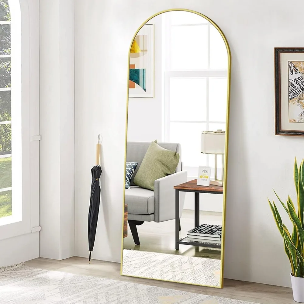 Espejo de suelo de arco de 65 x 24 pulgadas, espejos de pared de espejo de longitud completa, espejo de cuerpo completo con tapa arqueada colgante o inclinado con soporte