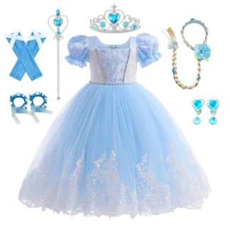 Disfraz de Cenicienta para niñas, traje de fiesta de cumpleaños con guantes, guirnalda, manga abullonada, azul, 2-10T