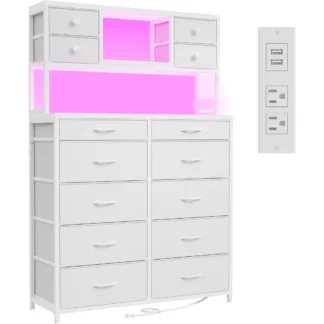 Cómoda alta para dormitorio con 14 cajones de tela, cómoda blanca con estación de carga y luces LED, cómoda y cómoda