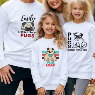 Sudaderas con capucha de dibujos animados para niños y niñas, sudaderas con capucha informales de primavera, sudaderas con capucha de perro Pug, sudaderas con capucha de animales para niños, sudaderas con capucha de Color sólido para la familia