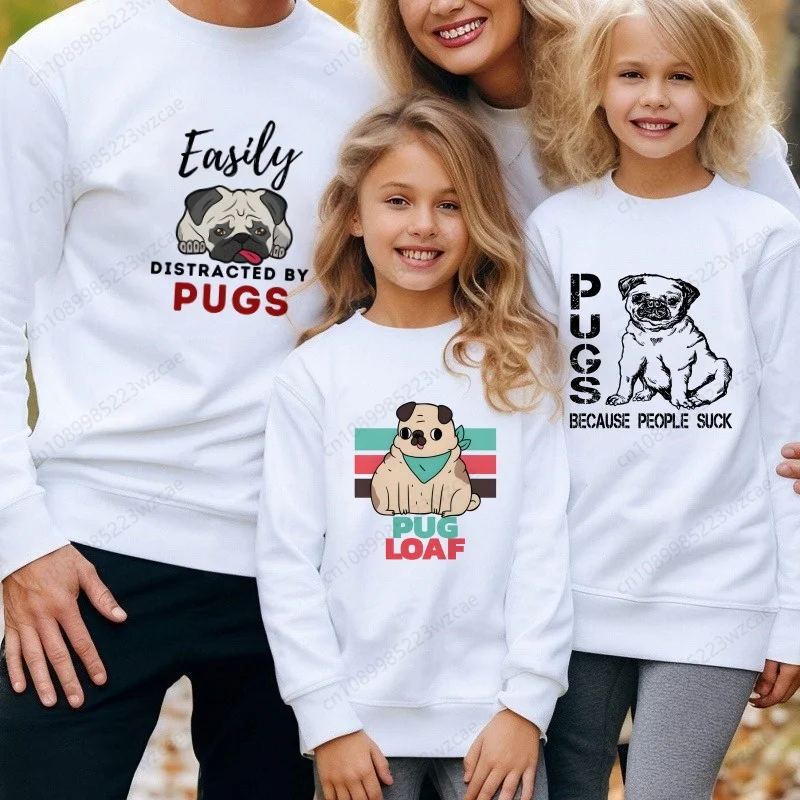 Sudaderas con capucha de dibujos animados para niños y niñas, sudaderas con capucha informales de primavera, sudaderas con capucha de perro Pug, sudaderas con capucha de animales para niños, sudaderas con capucha de Color sólido para la familia