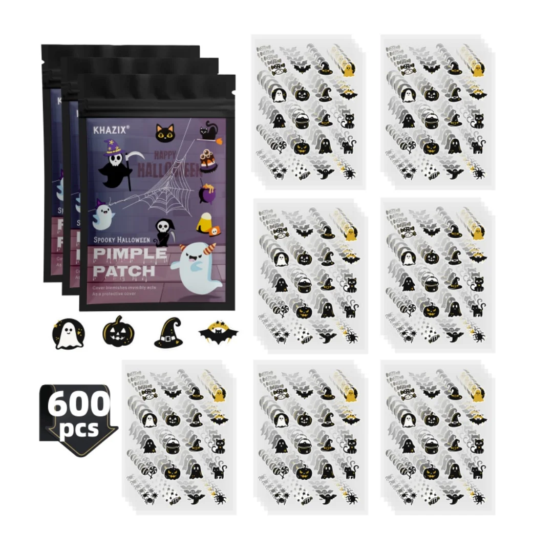 600 Uds. Conjunto de caja gris de Halloween atmósfera festiva parches para cubrir el acné elemento de calabaza de Halloween parches de limpieza para el acné limpieza th