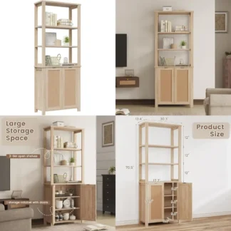 Librería alta de ratán de 6 niveles con gabinete de almacenamiento y estantes de exhibición, estantería de granja de madera de estilo bohemio