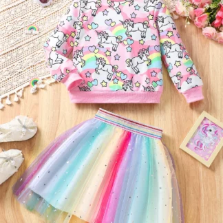 Conjunto de Sudadera con capucha y falda de malla para niña, manga larga, cuello redondo, unicornio