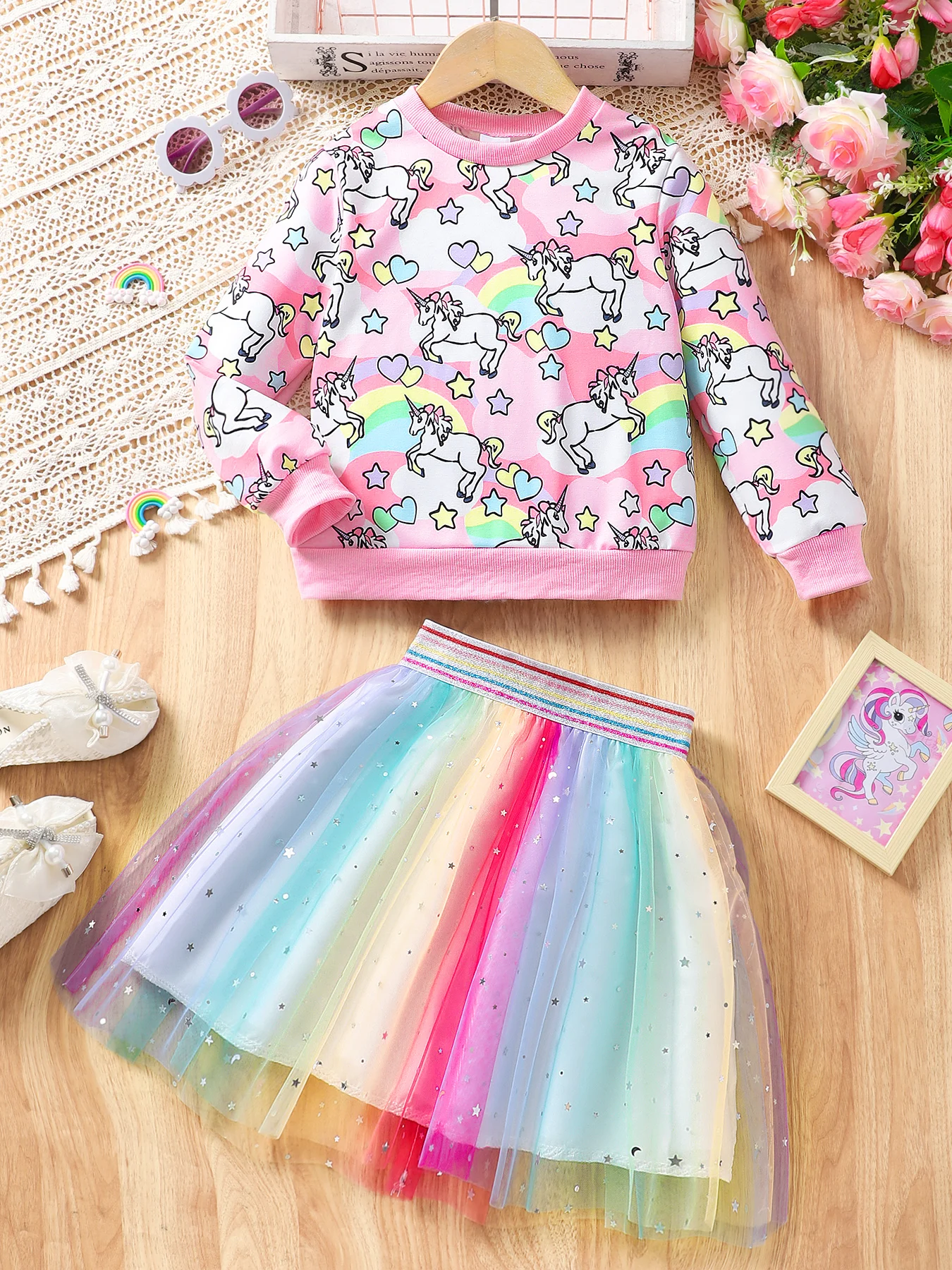 Conjunto de Sudadera con capucha y falda de malla para niña, manga larga, cuello redondo, unicornio