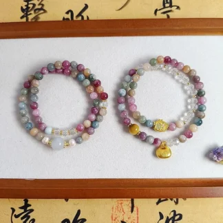 Doble círculo de turmalina optimizada colorida para mujer, joyería de cristal con cuentas versátil de alta gama, pulsera con colgante de bolso de la suerte