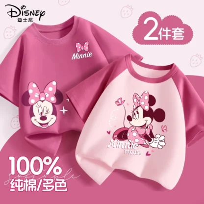 2 unids/pack de ropa estampada de Minnie de Disney para niña, camisetas de manga corta de retazos para chico y niña, traje superior de algodón para niño