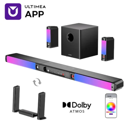 ULTIMEA Apollo S90 Barra de sonido desmontable Dolby Atmos de 9,1 canales con luz RGB, control por aplicación, sistema envolvente de cine en casa para TV