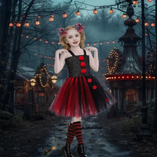2025 niñas Cosplay negro rojo vestido de payaso de terror Halloween fiesta festiva noche bruja aterradora vestido sin mangas + conjunto de accesorios
