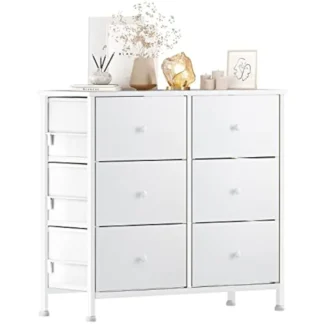 BOLUO Cómoda blanca para dormitorio, vestidores pequeños para niños, cómoda de 6 cajones y cómoda, organizador de almacenamiento de tela, torre moderna