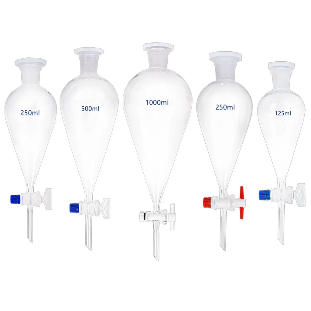 Embudo de separación en forma de pera, aceite de laboratorio, vidrio, pistón de PTFE, 60/125/250/500/1000ml