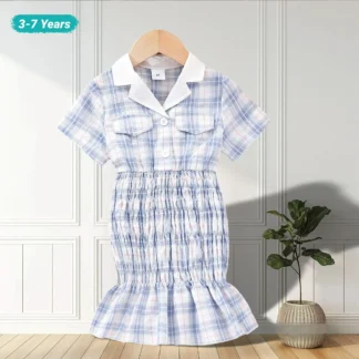 Nueva ropa para niñas, vestido informal de verano de manga corta con cuello plegable y envoltura de celosía para niñas, vestido suave y ventilado para niños