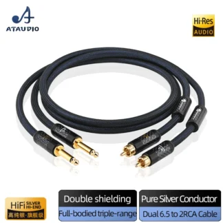 ATAUDIO-Cable HiFi Dual de 6,5 a 2RCA, Cable de Audio macho a doble RCA macho de plata pura de alta calidad para altavoz de TV, 1/4 pulgadas