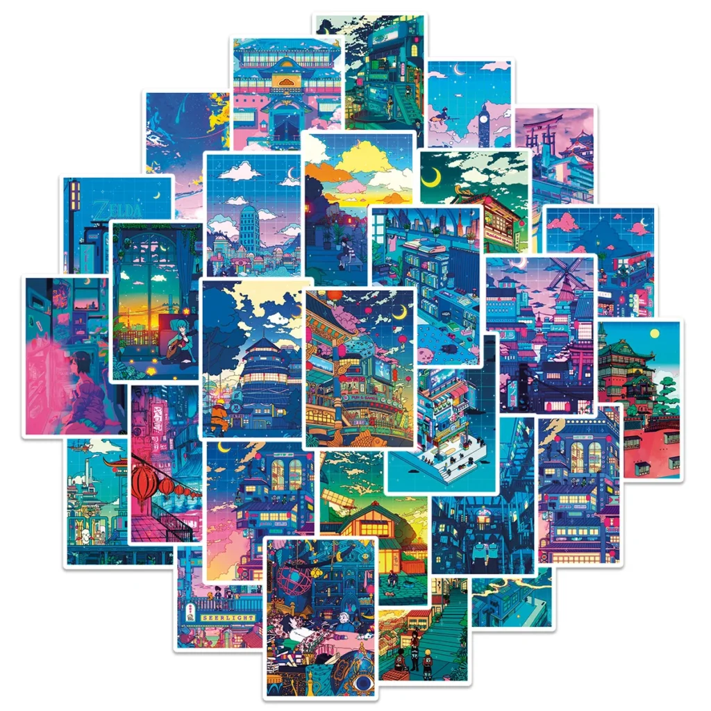 Pegatinas de Arte de Anime estético, 10/25/50 piezas, Luna, noche, calle, decoración DIY, papelería, Maleta, teléfono, portátil, álbum de recortes