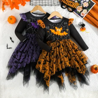 Ropa de Halloween para niñas, vestidos de fiesta de malla con estampado de murciélago de manga larga para niños pequeños, disfraces de Halloween para niños de 1 a 5 años