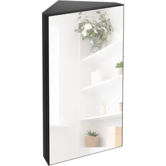 Botiquín esquinero para baño de 24 pulgadas con espejo, mueble con espejo de montaje en pared negro para baño de una sola puerta, estante Triple colgante