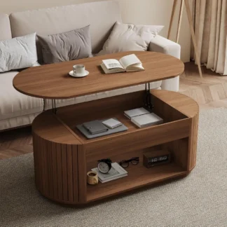 Mesa de centro de madera con tapa elevable de 47 pulgadas con compartimento de almacenamiento oculto y estante abierto para sala de estar, mesa de té central ovalada estriada
