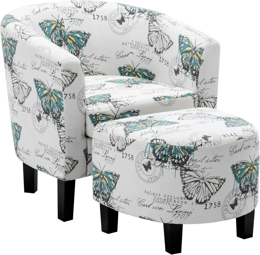 Silla decorativa con juego otomano, silla moderna tapizada con respaldo curvo, silla de lectura para bañera redonda y reposapiés