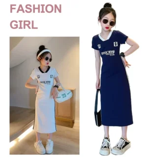 Vestido para niña adolescente estilo coreano moda niños estampado de letras vestido recto de manga corta ropa Casual escolar