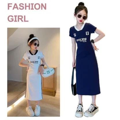 Vestido para niña adolescente estilo coreano moda niños estampado de letras vestido recto de manga corta ropa Casual escolar