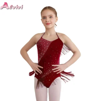 Vestido de leotardo de baile latino con borlas para niñas, mono con flecos de diamantes de imitación para Tango Cha-Cha Salsa patinaje artístico puesta en escena