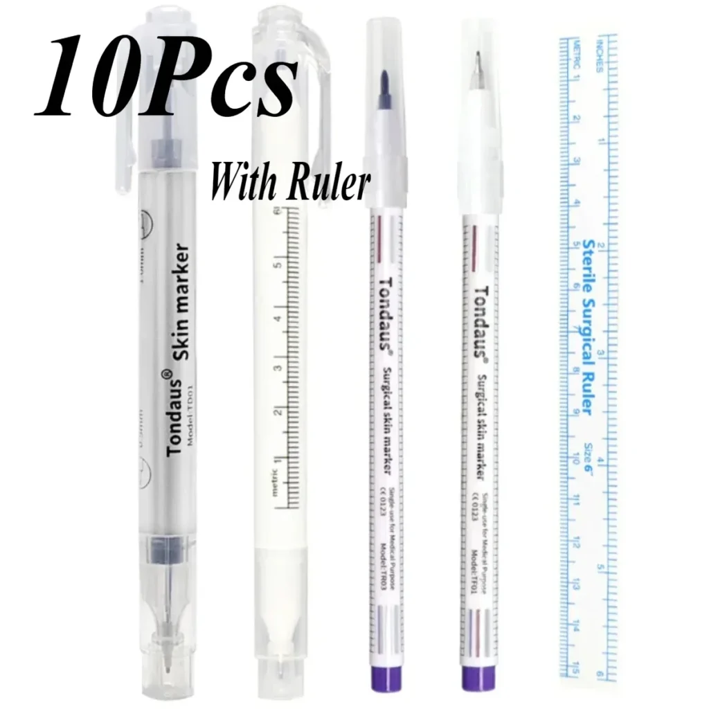 Paquete esterilizado desechable con regla, cirugía médica, maquillaje permanente, tatuaje corporal, Piercing, trazador, rotulador de piel, 10 Uds.