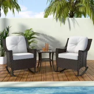 Stone Creek Juego de bistró de mimbre para exteriores de 3 piezas, mecedoras de mimbre con mesa auxiliar, muebles de jardín, juego de 3, marrón/beige