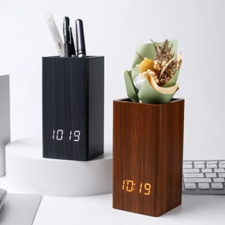 Reloj despertador de madera de escritorio y organizador de lápices, portalápices con pantalla LED de hora/temperatura/fecha, decoración minimalista para el hogar y la Oficina