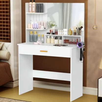 Tocador con espejo, mesa de maquillaje, tocador de maquillaje con, soporte para secador de pelo de 90x40 cm, moderno, blanco E