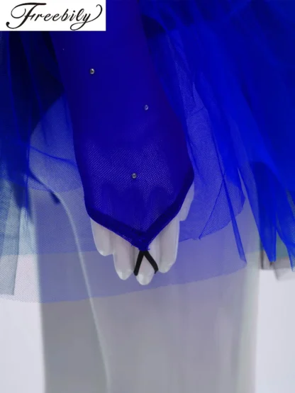 Vestido de baile de patinaje artístico para niñas, vestido de leotardo gimnástico de Ballet, mangas largas, diamantes de imitación, vestido de tul de malla con bloques de Color, Ropa de baile