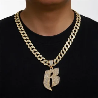 Collar con colgante de letra R de cristal de Hip Hop con gargantilla de cadena cubana de Miami de 13mm de ancho, joyería Ruff Ryders para hombres y mujeres